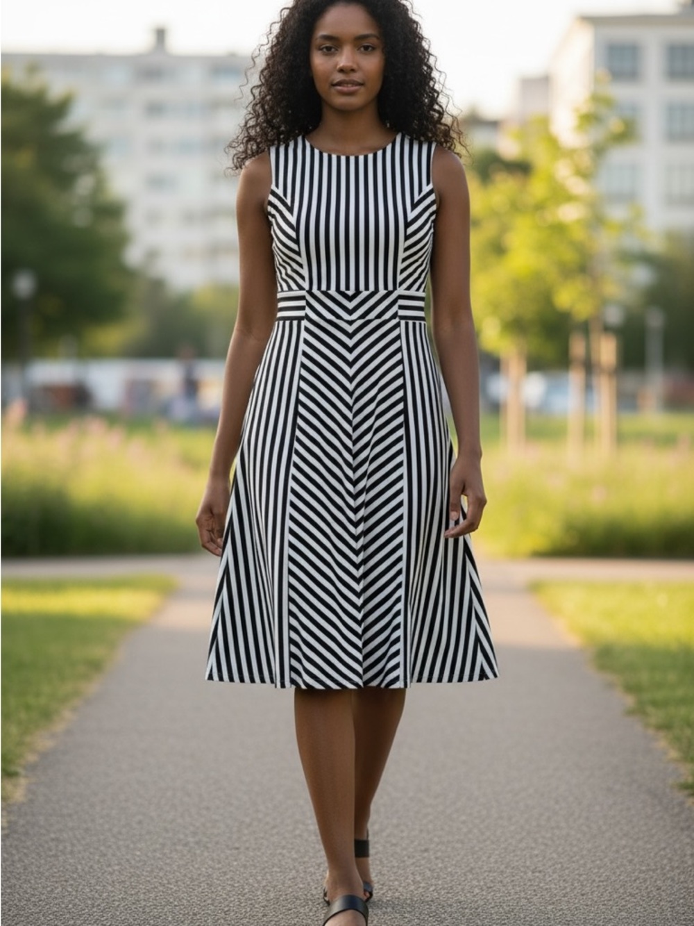 Apt. 9 Black and White Striped Sleeveless Midi Dress